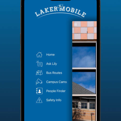 A mobile phone screen displaying the GVSU “Laker Mobile” campus app with a blue background, the “LAKER MOBILE” logo.